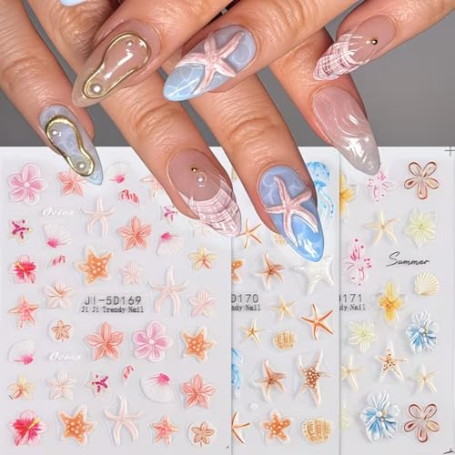 5D Embossed Ocean Summer Nail Art Stickers 3-Sheet Starfish Shell Decals