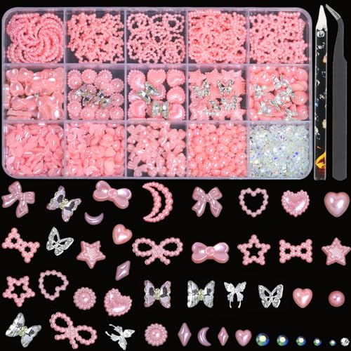 HNUIX 3D Nail Charms Kit with Rhinestones Pearls and Tools