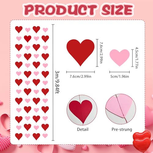 Heart Garland Decorations - 4 Pack Red & Pink Streamers for Valentine's Day