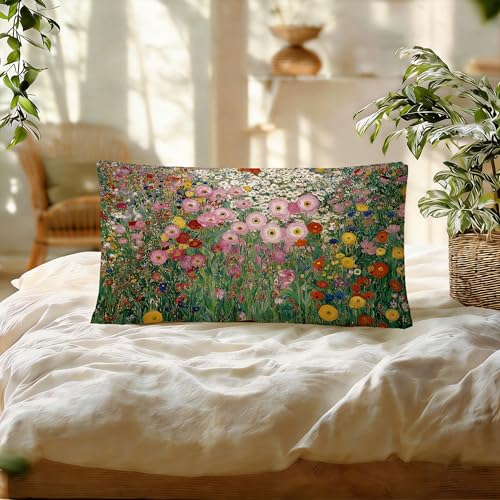 Gustav Klimt Style Wildflower 12x20 Lumbar Pillow Cover, Flannel Floral Case