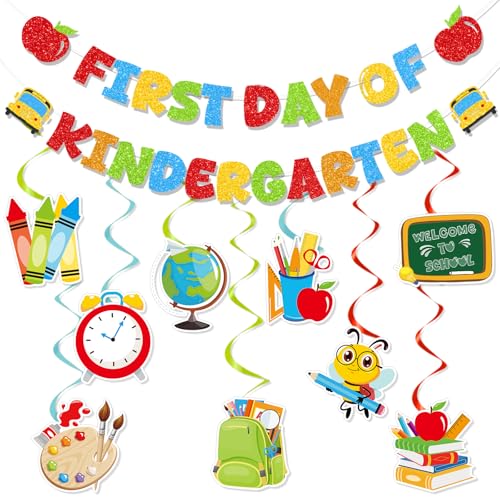 First Day of Kindergarten Decorations Set - 11PCS Glitter Banners & Swirls