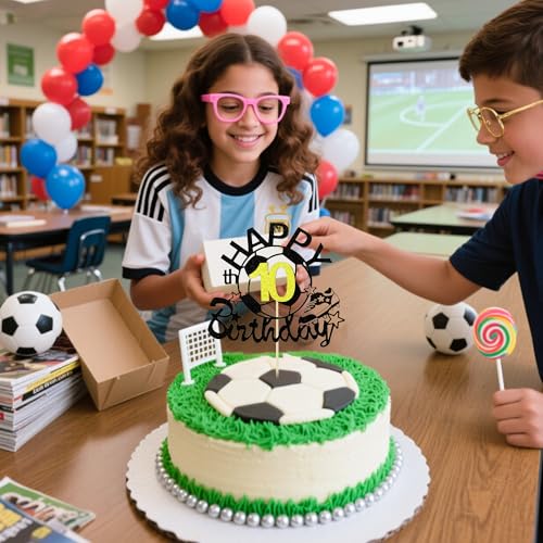 Black Soccer Happy 10th Birthday Cake Topper - Glitter Decor