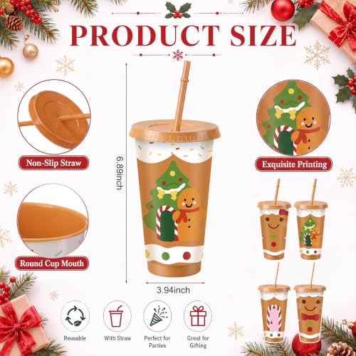 24 oz Christmas Cups with Lids & Straws - Gingerbread Style, 24 Pieces