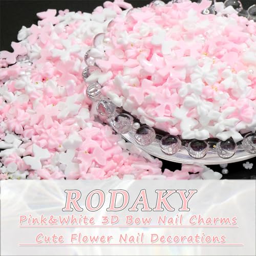 RODAKY Pink Bow & Pearl Flower Nail Art Charms 3D Resin Flatback Decorations