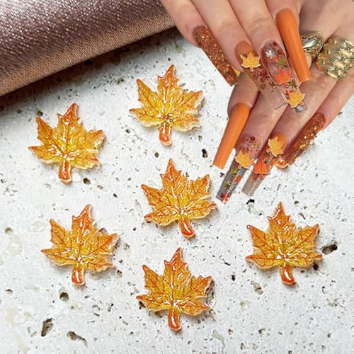 100Pcs 3D Fall Maple Leaf Nail Art Charms - Orange Gold Resin Autumn Gems