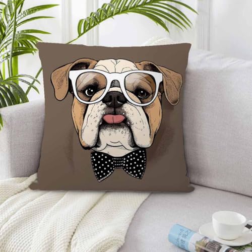 oFloral Bulldog in Glasses Throw Pillow Cover - 18x18 Inch Decorative Cushion