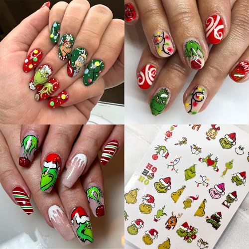 Christmas Nail Art Stickers - 4 Sheets 5D Self-Adhesive Winter Green Monster Decals