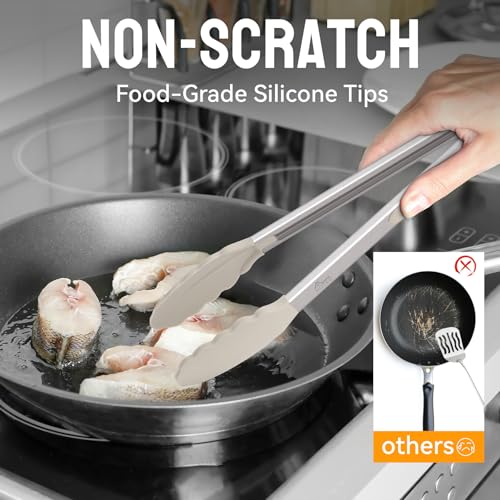 HOTEC Stainless Steel Locking Kitchen Tongs with Silicone Tips, Khaki, 2-Pack