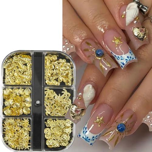 Summer Ocean Nail Art Charms Gold Alloy Shell Starfish Rhinestones