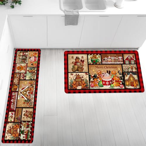 Christmas Kitchen Rugs Set of 2 - Non-Slip Buffalo Plaid & Gingerbread Mats