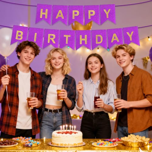 Purple Happy Birthday Banner - 16ft Pre-Strung Glitter Decoration