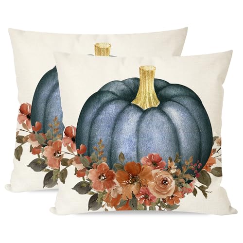 PANDICORN Navy Blue Pumpkin Fall Throw Pillow Covers 18x18 Inch Set of 2 - Seasonal Farmhouse Decor