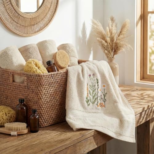 Artoid Mode 1 Pc Beige Wildflower Embroidered Cotton Hand Towel 13.7 x 29.5 Inches