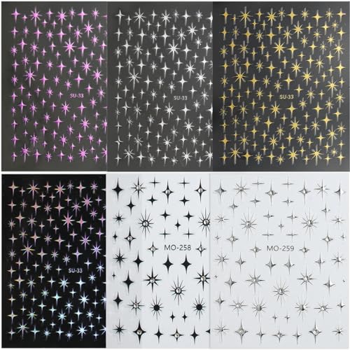 Star Nail Art Stickers 3D Self-Adhesive Crystal Decals 6 Sheets