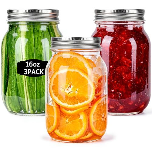 ODDMUCK 16oz Mason Jars with Lids, 3-Pack Regular Mouth Glass Jar GMJ11