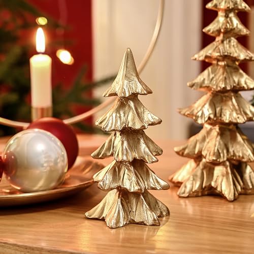 Gold Resin Christmas Tree Figurines Set - Small Holiday Tabletop Decor