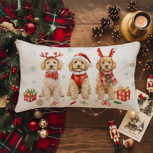 Golden Red Christmas Pillow Cover 12x20 Inch Holiday Dog Decor for Sofa & Couch