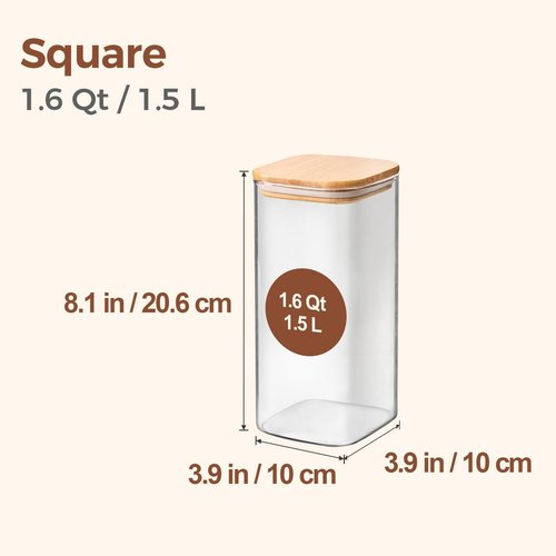 ComSaf Airtight Glass Storage Canister - Wood Lid Food Storage Jar Set of 3 | 1.6 Qt Clear Containers for Oats, Pasta, Flour, Sugar, Tea, Coffee Beans