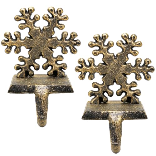 2 Pcs Snowflake Christmas Stocking Holders for Mantel - Rustic Cast Iron Hooks