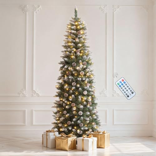 Flocked Green 6ft Artificial Christmas Tree Slim Pre-lit Tree with Snowy Branches, 618 Tips & Remote