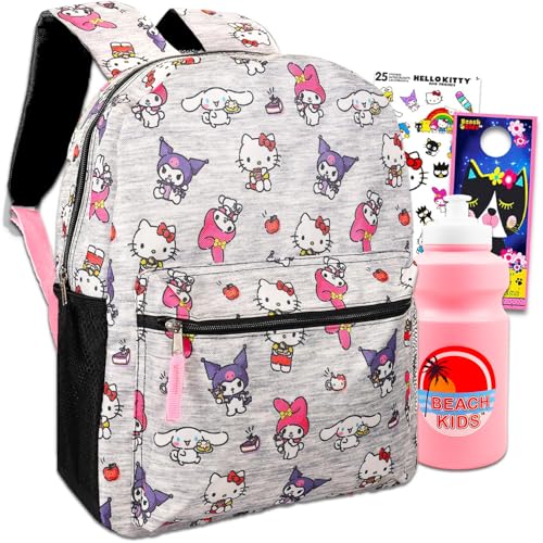 Hello Kitty Backpack for Girls - 16' School Bag Set with Front Pocket, Stickers, Water Bottle