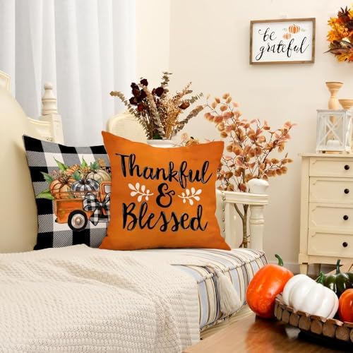 GEEORY Fall Buffalo Plaid Pumpkin Throw Pillow Covers 18" x 18" (Set of 4, Orange)