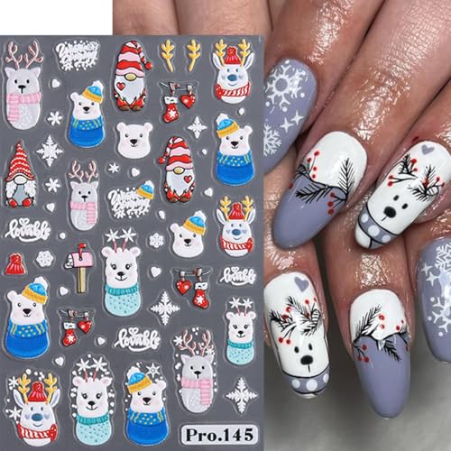BUNLVDI 4 Sheets Christmas Nail Art Stickers - 3D Self-Adhesive Winter Deer & Snowflake Decals