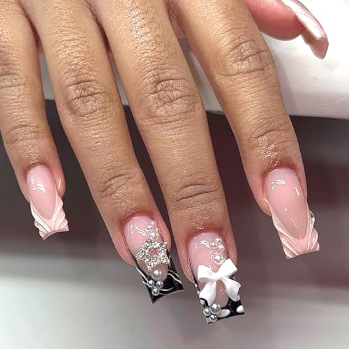 Pink Butterfly Coffin Press on Nails with Pearls and Diamond Stars