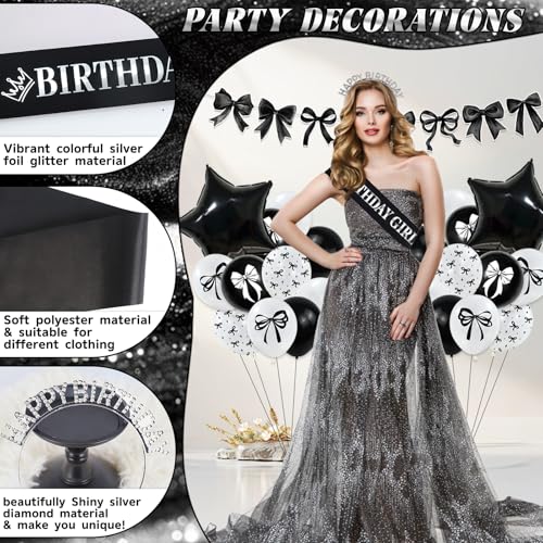 Black Bow Birthday Party Decorations Set - Banner, Balloons & Cake Toppers