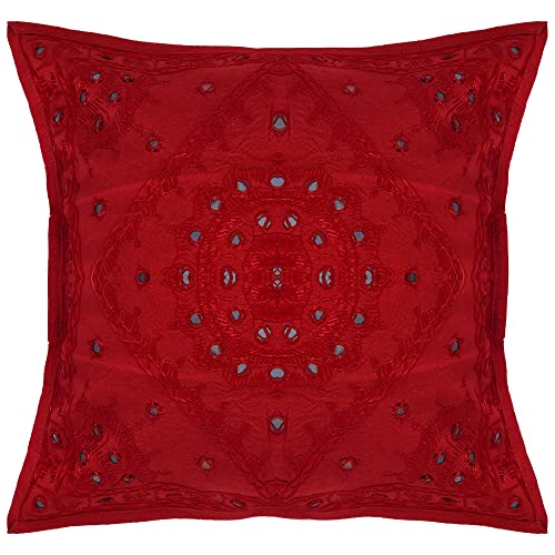 Red 16x16 Inch Mirror Embroidered Boho Sofa Throw Pillow Cover