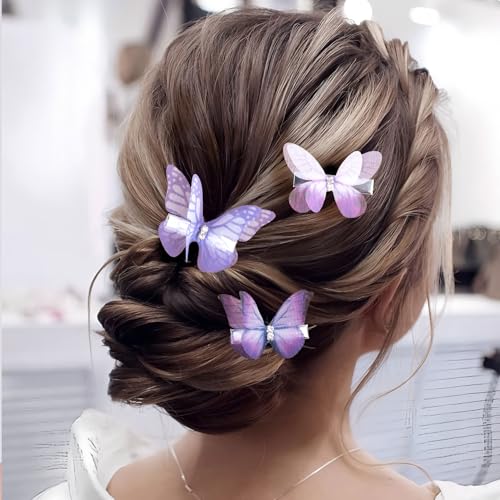 Lekgavd Gradient Purple Butterfly Hair Clips Rhinestone Organza Barrettes 5 Pack