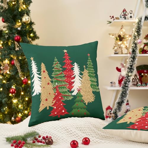 Christmas Pillow Covers Set of 2 18x18 Inches Green Tree Holiday Decor Linen
