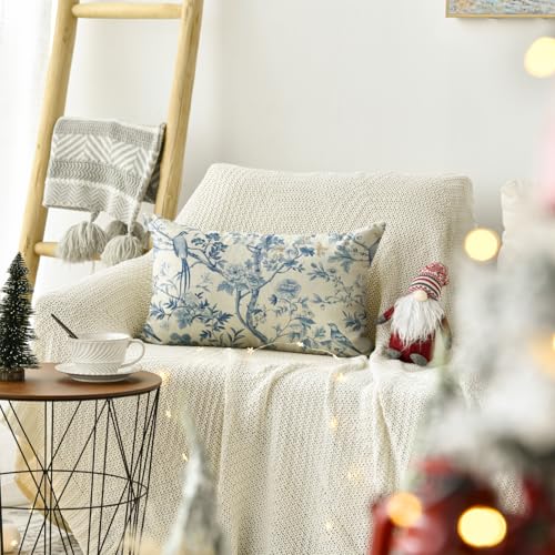 AVOIN Chinoiserie Birds & Trees Throw Pillow Cover, 12x20 Inch Lumbar Case