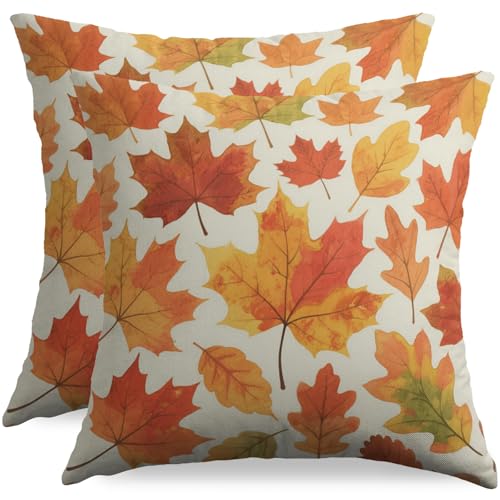 Fall Maple Leaf Pillow Covers 18x18 Set of 2 - Burnt Orange Cotton Linen