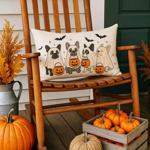 Halloween Pillow Cover 12x20 Inch Beige French Bulldogs with Ghosts