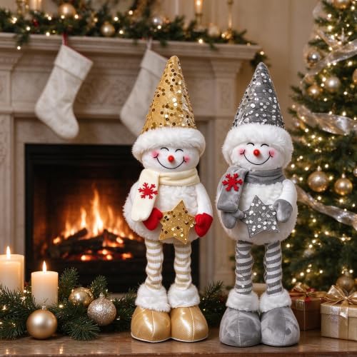 Christmas Snowman Decor Set - 20-Inch Plush Standing Figures with Extendable Legs - Gold & Silver, Pack of 2