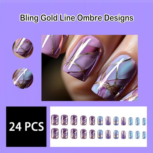 Square Purple Press on Nails with Gold Line Ombre Design False Nails