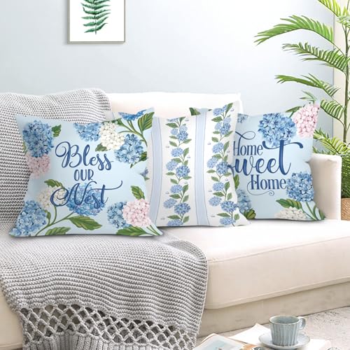 18x18 Set of 4 Blue Hydrangea Velvet Pillow Covers - Hidden Zipper, Seamless Design
