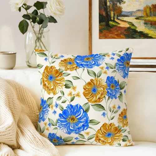 Weiscode 18x18 Floral Throw Pillow Covers - Blue & Yellow Farmhouse Set of 2