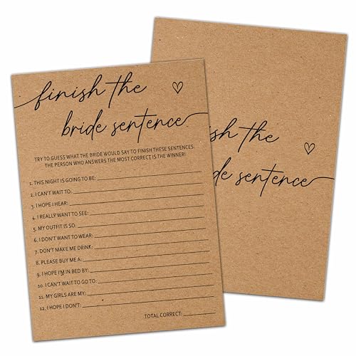 Kraft Bridal Shower Game - Finish The Bride Sentence Cards for 30 Guests