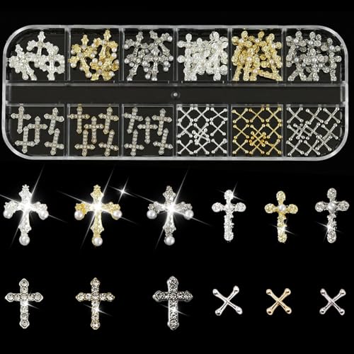 ZUMILLMN 90pcs 3D Cross Nail Charms with Crystal Rhinestones and Pearls