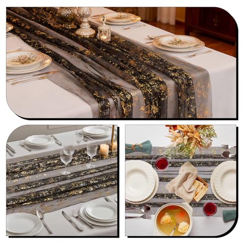 Black Glitter Table Runner 10Ft Sheer Chiffon Cheesecloth for Wedding Party