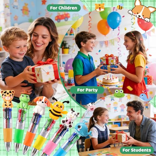 24 Multicolor Animal Pen Set for Kids - 4-in-1 Ballpoint Pens with Removable Animal Caps