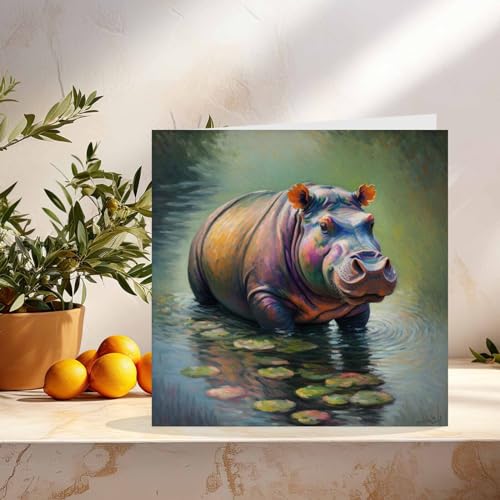 Purple Fox Hippo Greeting Card – Animal Impressionism Art 145x145mm