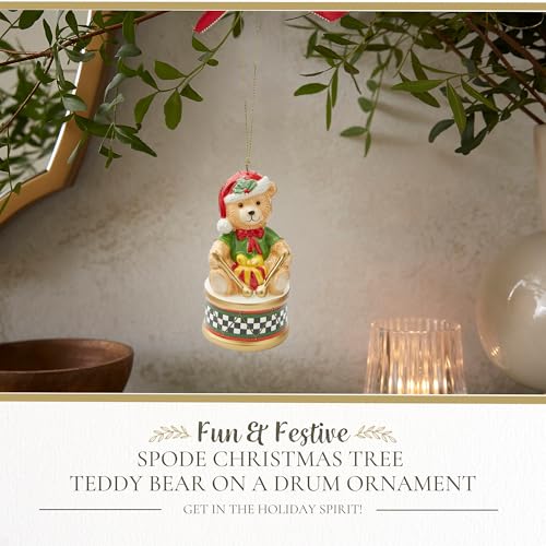 Spode Teddy Bear on a Drum Ornament - Dolomite Holiday Decor with Classic Design - Christmas Ornament for Tree, Wreath, Mantel, Seasonal Display - Unique Festive Decoration