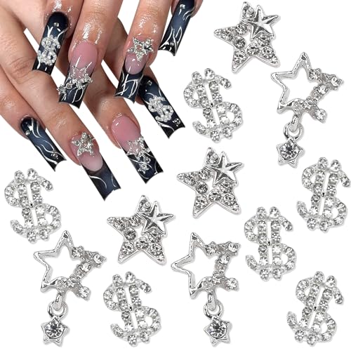 YAEISM 12PCS 3D Star & Dollar Sign Silver Crystal Nail Charms