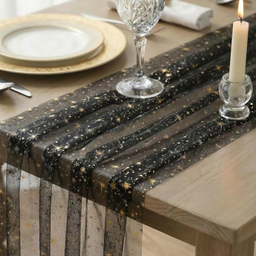 Artoid Mode Gold Stars Black Gauze Table Runner, 28 x 120 Inch