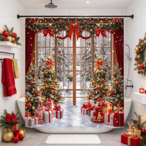 Christmas Snow Scene Shower Curtain 70x70 Inches - Winter Holiday Bathroom Decor (Pack of 1)