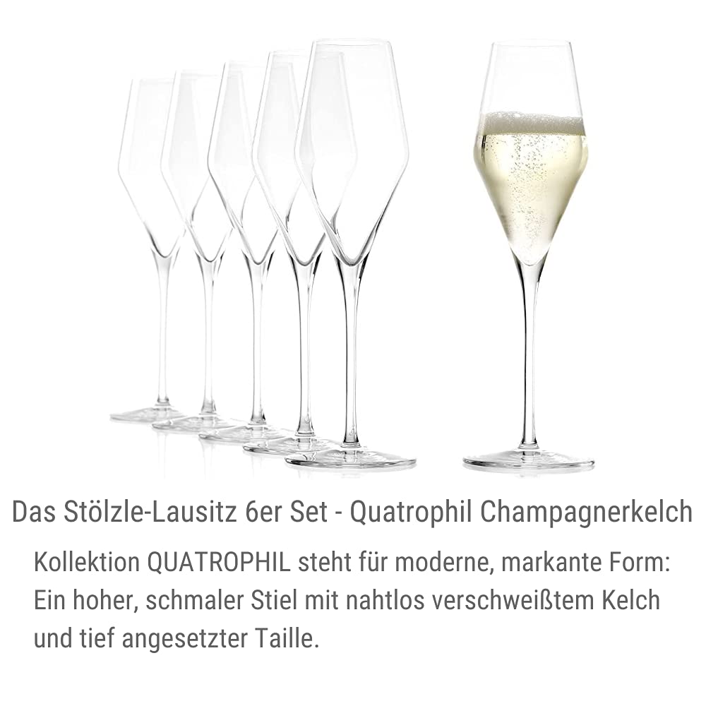 Stölzle Lausitz Champagne Glasses Quatrophil Set of 6, 9 3/4 oz – Champagne Flutes for Sparkling Wine & Prosecco – Crystal Glasses Made in Germany – Dishwasher & Shock Resistant