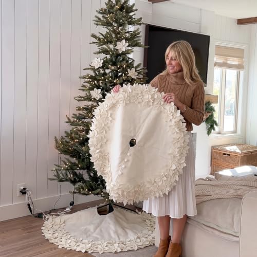 Foilswirl 36 Inch White Christmas Tree Skirt with Poinsettia Pearl Edge - Holiday Decor